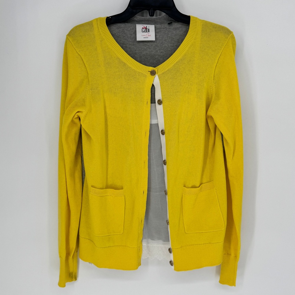 Cabi Yellow Gray Color Block Cardigan Sweater Lace Trim Women's Size Medium